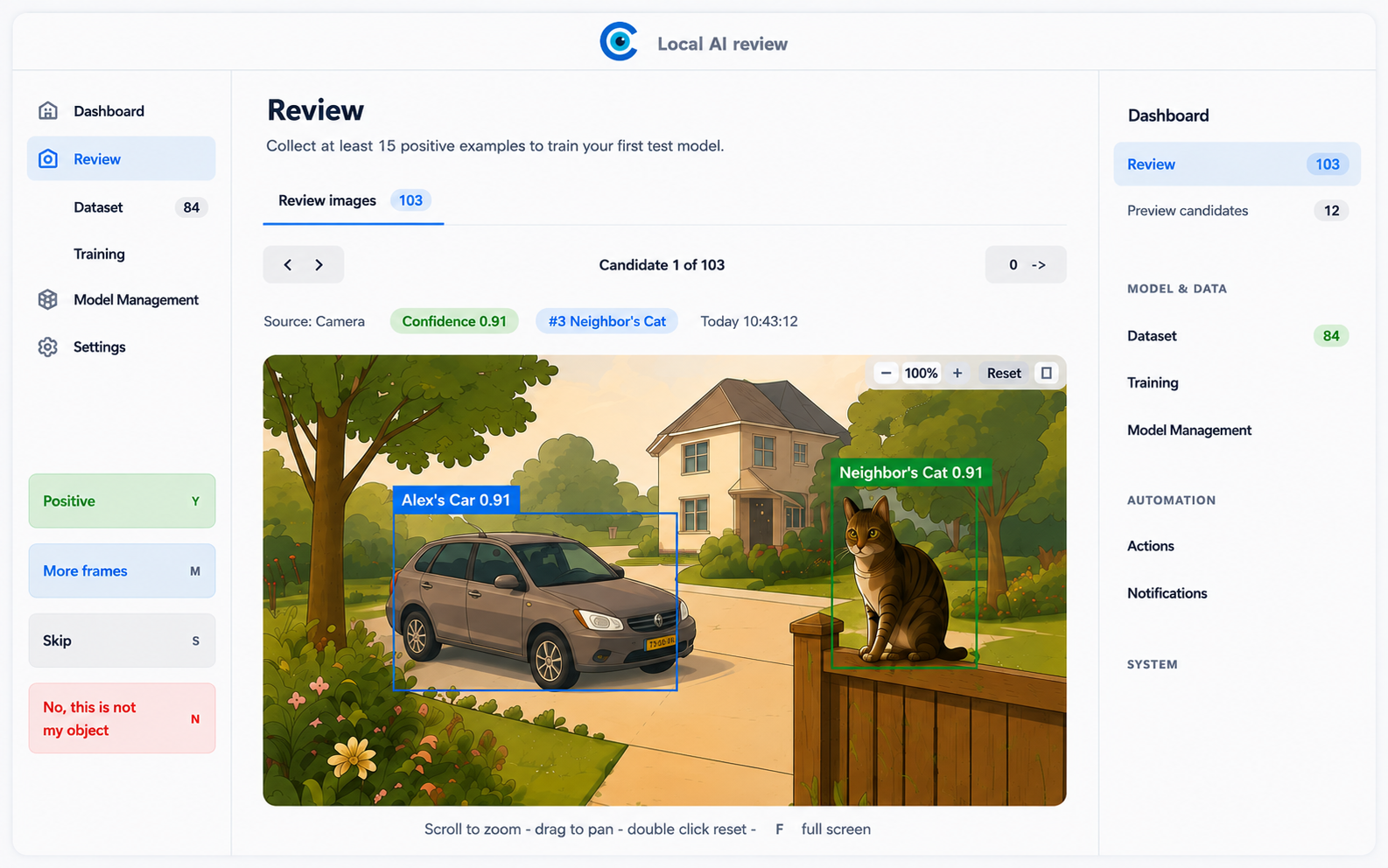 Screenshot of Cam-Wise review, training and notifications.