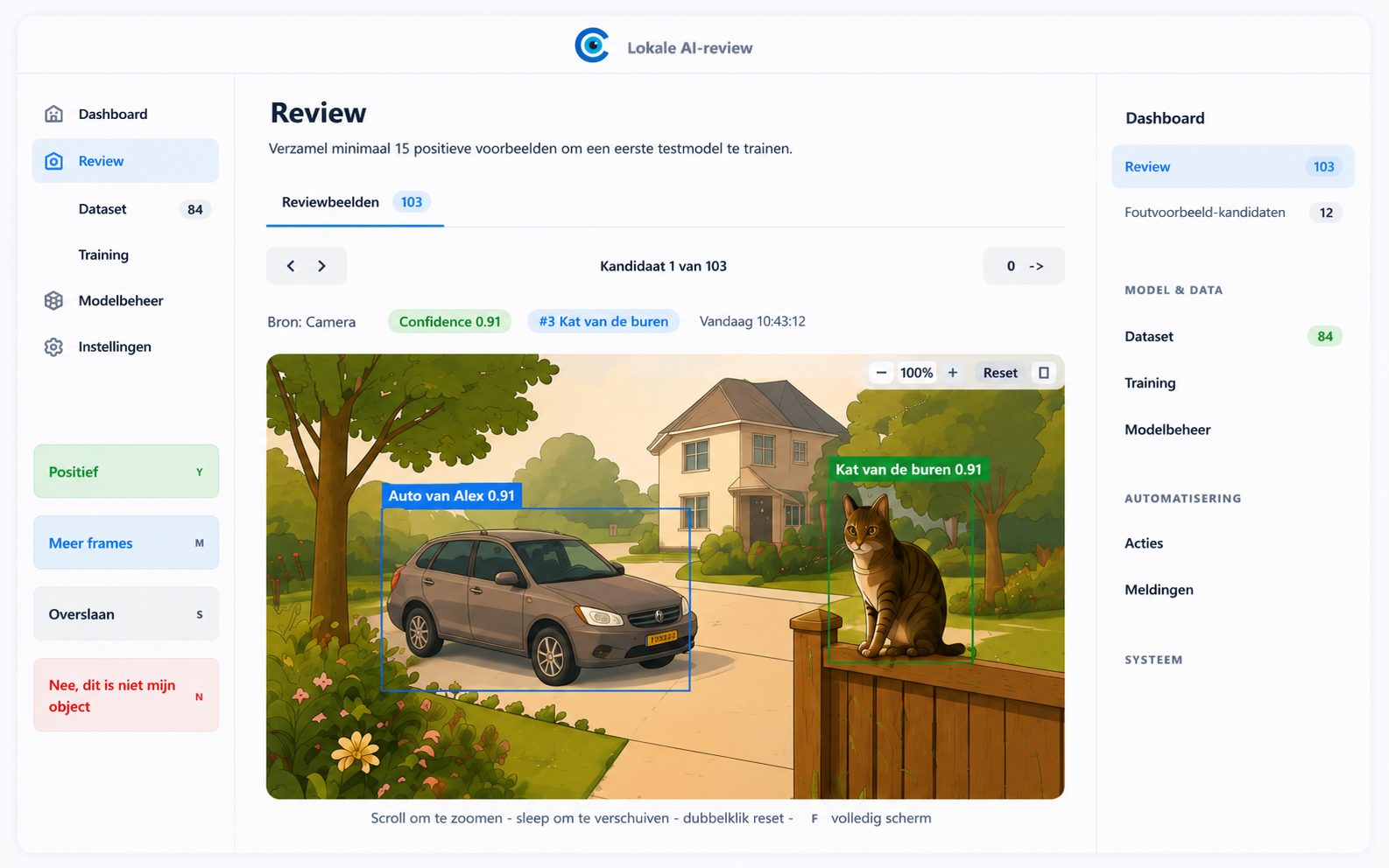 Screenshot van Cam-Wise review, training en meldingen.