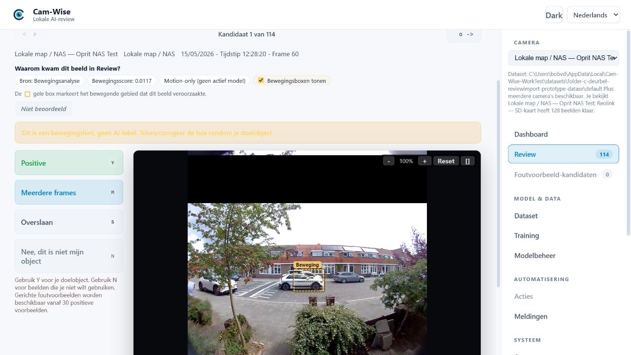 Cam-Wise Review met een gele bewegingshint als grove startbox