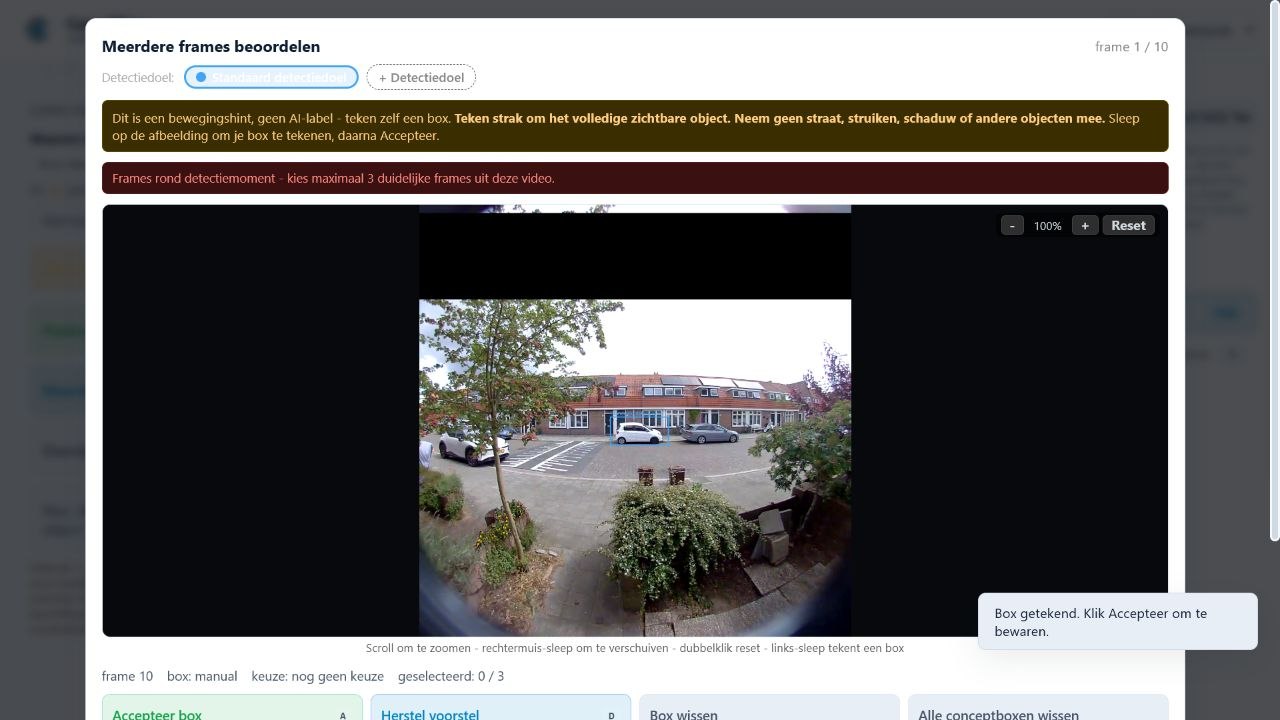 Cam-Wise Frame Editor met detectiedoel-chip en een getekende box rond een auto