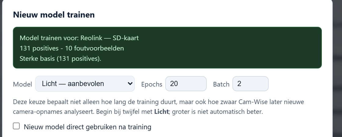 Cam-Wise trainingsvenster met modelkeuze, epochs en batch
